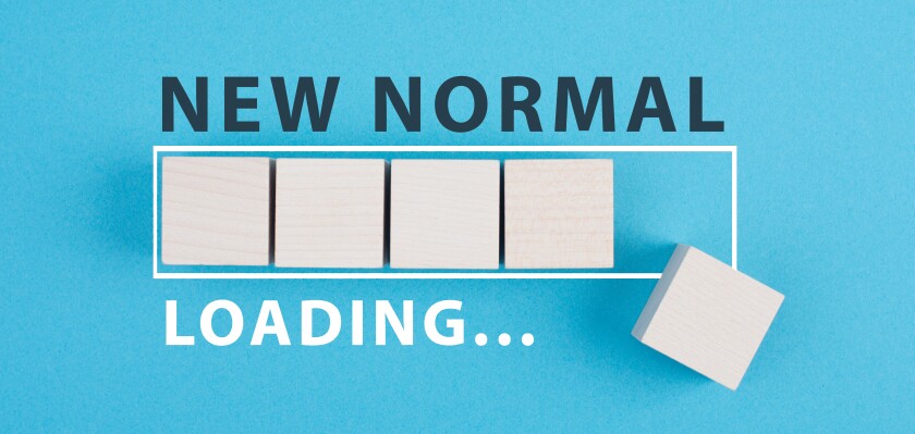 The words new normal are standing on wooden cubes, loading bar,
