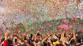 Confetti/ Ticker tape falling from the sky during the amazing set by Years & Years on the Pyramid Stage, Glastonbury Festival 2019