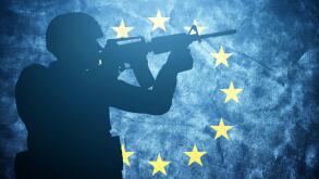 Soldier silhouette on grunge European Union flag. Army. Image shot 01/2016. Exact date unknown.