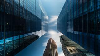 Canada, Ontario, Toronto, financial district, modern bank buildings, clouds, angle view