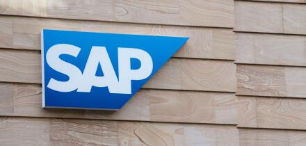 Brisbane, Queensland, Australia - 21st January 2020 : SAP Logo hanging in front of a building facade in Brisbane. SAP is a European multinational soft