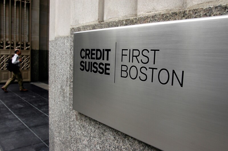A sign for the New York headquarters of Credit Suisse First Boston at 11 Madison Ave