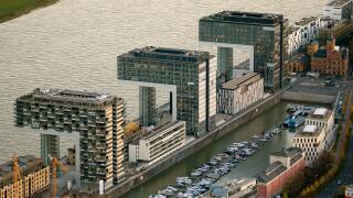 Aerial, Crane building, Crane Houses, Rheinauhafen, Rhine, architect Alfons Lister, Cologne, Rhineland, Cologne Bay, North Rhine-Westphalia, Germany,