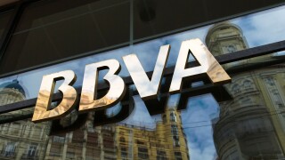 Sign above entrance of Spanish bank BBVA in Valencia city. Spain