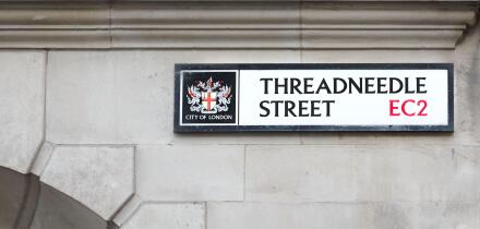 Street sign for Threadneedle Street, EC2, in the City of london, England.