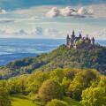 Aerial view of famous Hohenzollern Castle, one of Europe's most visited castles, at sunset, Baden-Wurttemberg, Germany