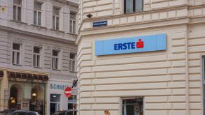 Vienna, Austria - August 8, 2022 : facade with logo of Erste Bank is an Austrian retail bank headquartered in Vienna, Austria, oldest bank of financial group Erste Group Bank AG.