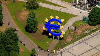 Aerial view, euro sign, European Central Bank, ECB, Frankfurt am Main, Hesse