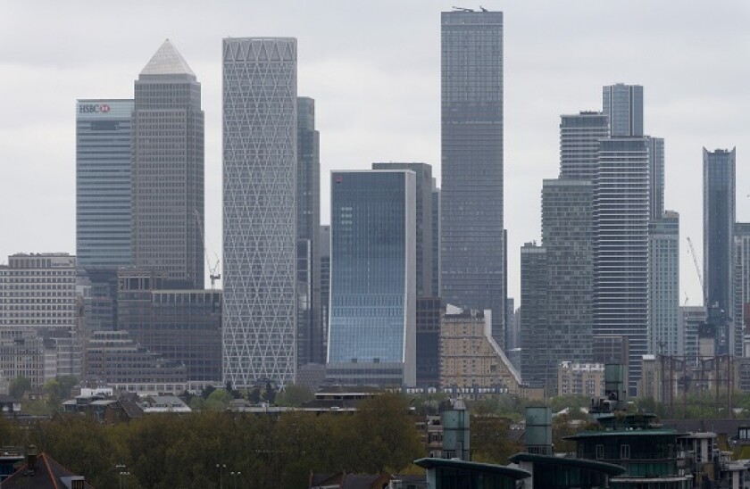 Skyscrapers at Canary Wharf with HSBC global headquarters, 8 Canada Square in London?s Docklands, 8 May 2021. London, UK