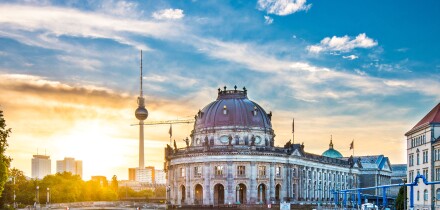 Berlin, Germany view of Museum Island and Television Tower.