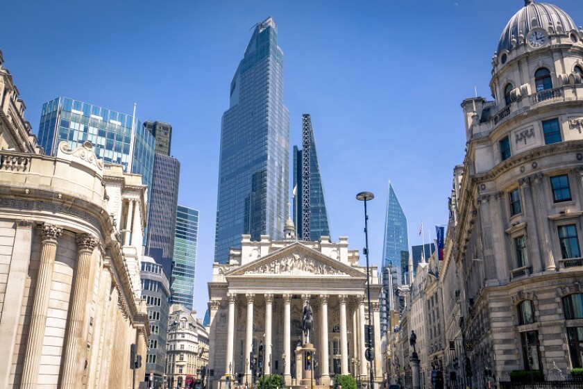 LONDON- City of London and Bank of England / Royal Exchange in t