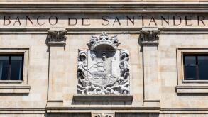 Santander, Spain. Detail of the Edificio Banco de Santander withh its coat of arms, a neoclassical building headquarters of the Banco Santander in the