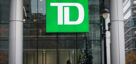 MONTREAL, CANADA - NOVEMBER 6, 2018: TD Bank logo in front of their headquarters for Montreal, Quebec. Also known as Toronto Dominon Canada Trust, it 