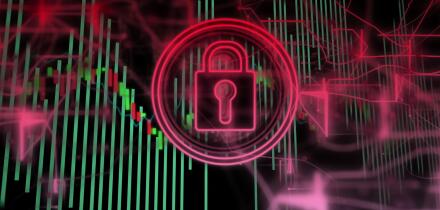 Neon pink padlock securing green-red chart-bars in digital scene, with grid lines and glowing nodes. Cybersecurity, data protection, digital security,