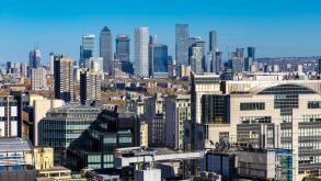 View of Canary Wharf skyscrapers from The Garden at 120 at the Fen Court building with Stanza London in background, City of London, England