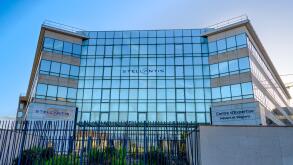 Exterior view of the French headquarters of Stellantis in Poissy, France. Stellantis is a multinational automobile group