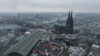 Cologne, 11th of December 2022, Germany. Aerial view of downtown Cologne city center. River rhine, skyline, Cologne Cathedral and the