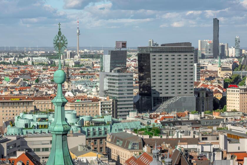 Vienna cityscape, view of the business district of Vienna pictured from the south tower of the city's Stephansdom cathedral, Wien, Austria.