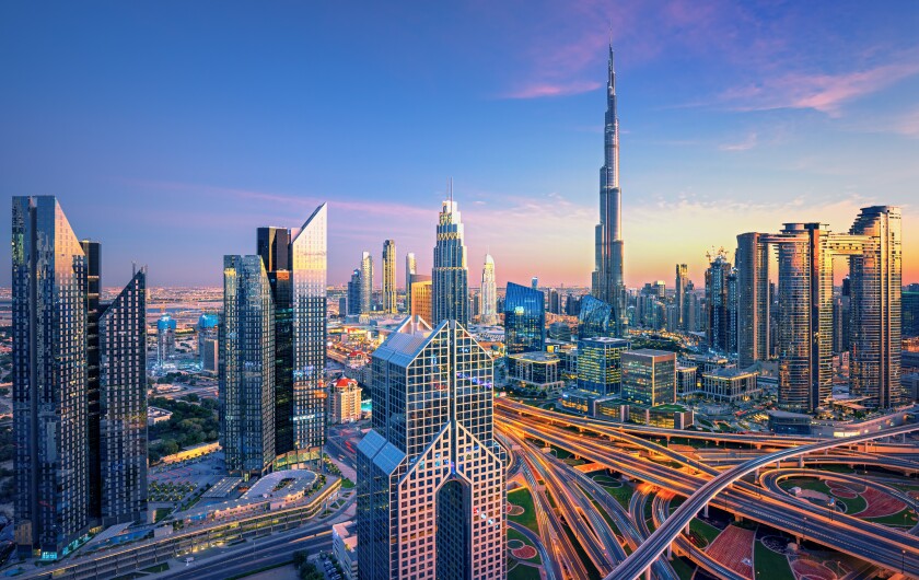 Dubai city center skyline with luxury skyscrapers, United Arab Emirates