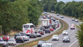 Queuing and stationary traffic on closed motorway. A1 motorway junction 7 southbound, Stevenage, Hertfordshire