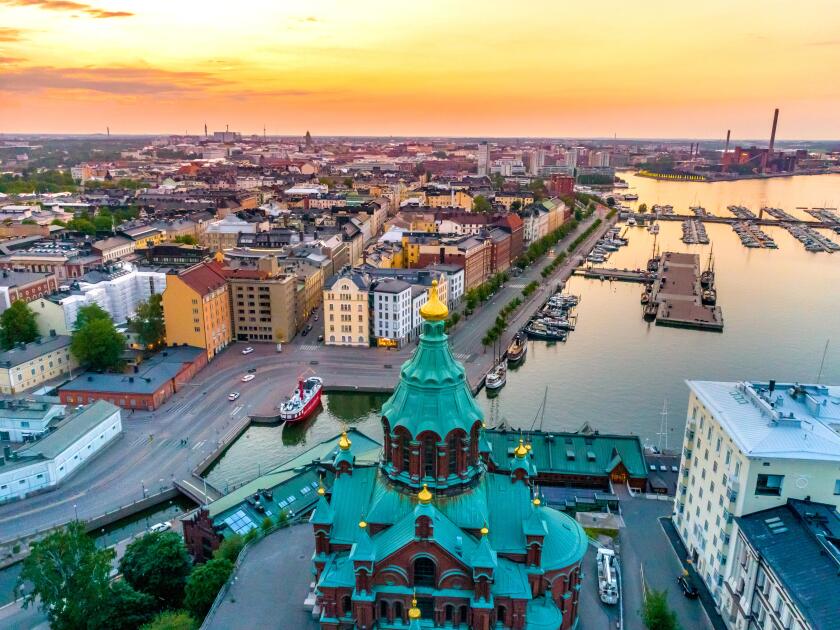 Aerial view of beautiful Helsinki at sunset. Blue sky and clouds and colorful buildings. Helsinki, Finland.