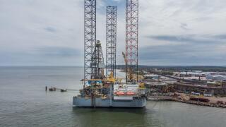 The "Ran" oil rig, owned by Borr Drilling, was built in 2013 in Singapore and has three 525-feet long legs. It is docked in Sheerness.