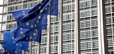 EU flags flying in front of Berlaymont building in Brussels. Image shot 2008. Exact date unknown.