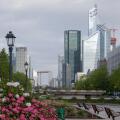 Early morning street scene in Neuilly Sur Seine looking towards La Defense and the Paris Business District