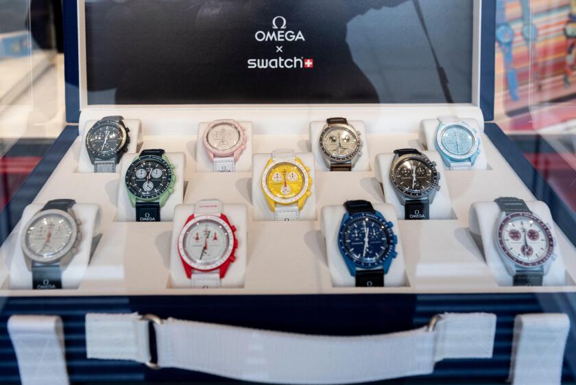 London, UK.  28 March 2022. MoonSwatch watches on display at the Swatch store on Oxford Street.  The Swatch Group, which owns Omega, launched the new MoonSwatch worldwide at the weekend. It is a watch resembling the iconic Omega Speedmaster Professional,