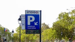 Paris, France. October 30. 2022. Paying underground parking in the city, for car and motorbike. Entrance to an Indigo car park.