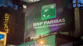 Advertising for the French bank, BNP Paribas, is seen in New York