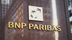 New York, NY - November 23, 2023:Bnp Paribas French multinational bank logo sign  on USA corporate headquarters office building polished marble wall r
