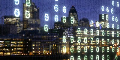 Financial district London w code London office blocks and the Thames overlaid with binary code and glowing numbers.jpg