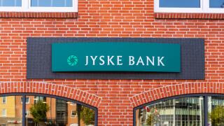 Frederikshavn, Denmark - July 11 2019: Logo of Jyske Bank in Frederikshavn.