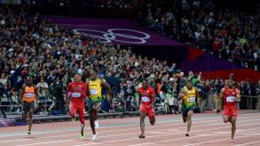 London 2012  - Olympics:   Men's 100 meter finals. 

Usain Bolt of Jamaica pulls away to victory and a repeat gold medal in the