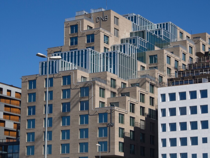 The barcode, a new office district in central Oslo Norway , interesting and varied facades, DNB Norwegian bank headquarters