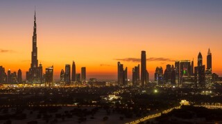 Dubai skyline, the Burj Khalifa, modern architecture and skyscrapers on Sheikh Zayed Road, Dubai, United Arab Emirates