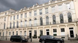 Stucco exterior of Georgian terraced houses with apartments, Park Square East terrace, Regent's Park, London NW1, England, UK.  Architect: John Nash