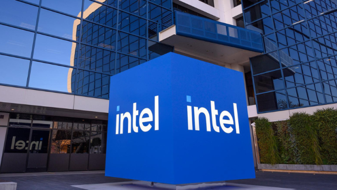 Intel's logo outside its corporate headquarters, the Robert Noyce Building in Santa Clara, California