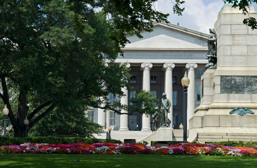 The south facing side of The US The US Treasury Building Washington DC.