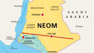 Regions and places of NEOM, political map. Planned smart city in Tabuk Province, Saudi Arabia with multiple regions.