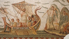 Mosaic scene from Homer's Odyssey, Ulysses meeting with sirens in The Bardo museum in Tunis, capital of Tunisia.