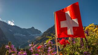 A bright red and white swiss flag flying in the wind with flowers and glacier covered peaks in the background in La Fouly, Switzerland