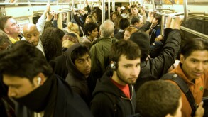 Crowded subway train in New York City at the evening rush hour