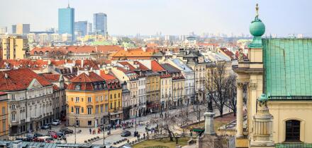 Warsaw city center with old town and modern skyscrapers, Poland