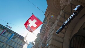Company headquarters of Switzerland's two largest banks UBS (background) and Credit Suisse at Zurich, Switzerland, Paradeplatz.