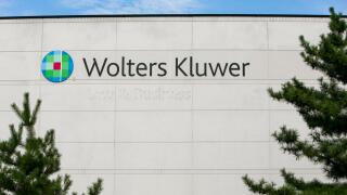 A logo sign outside of a facility occupied by Wolters Kluwer in Frederick, Maryland on August 30, 2015.