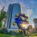 Frankfurt, Germany - July 9, 2017: sunrise city skyline at European Central Bank (ECB) and Euro Sign