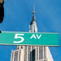 Fifth Avenue street sign with the Empire State Building behind, Manhattan, NYC, New York City, NY, USA. Image shot 05/2008. Exact date unknown.