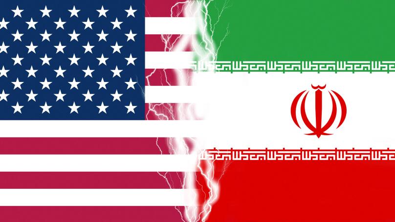 Lightnings effect between flags of USA and Iran. Concept of conflict between two nations, Washington and Teheran.